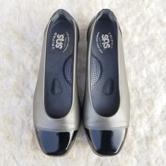 Square Toe Flats SAS Coco Size 6.5 Graphite Two Tone Grey Black Leather Cap Toe - Picture 1 of 14